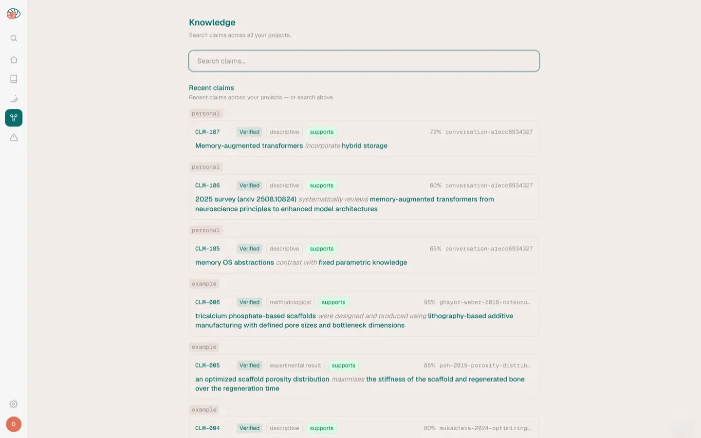 Catamaran Knowledge view: recent claims across projects, each tagged to its source.