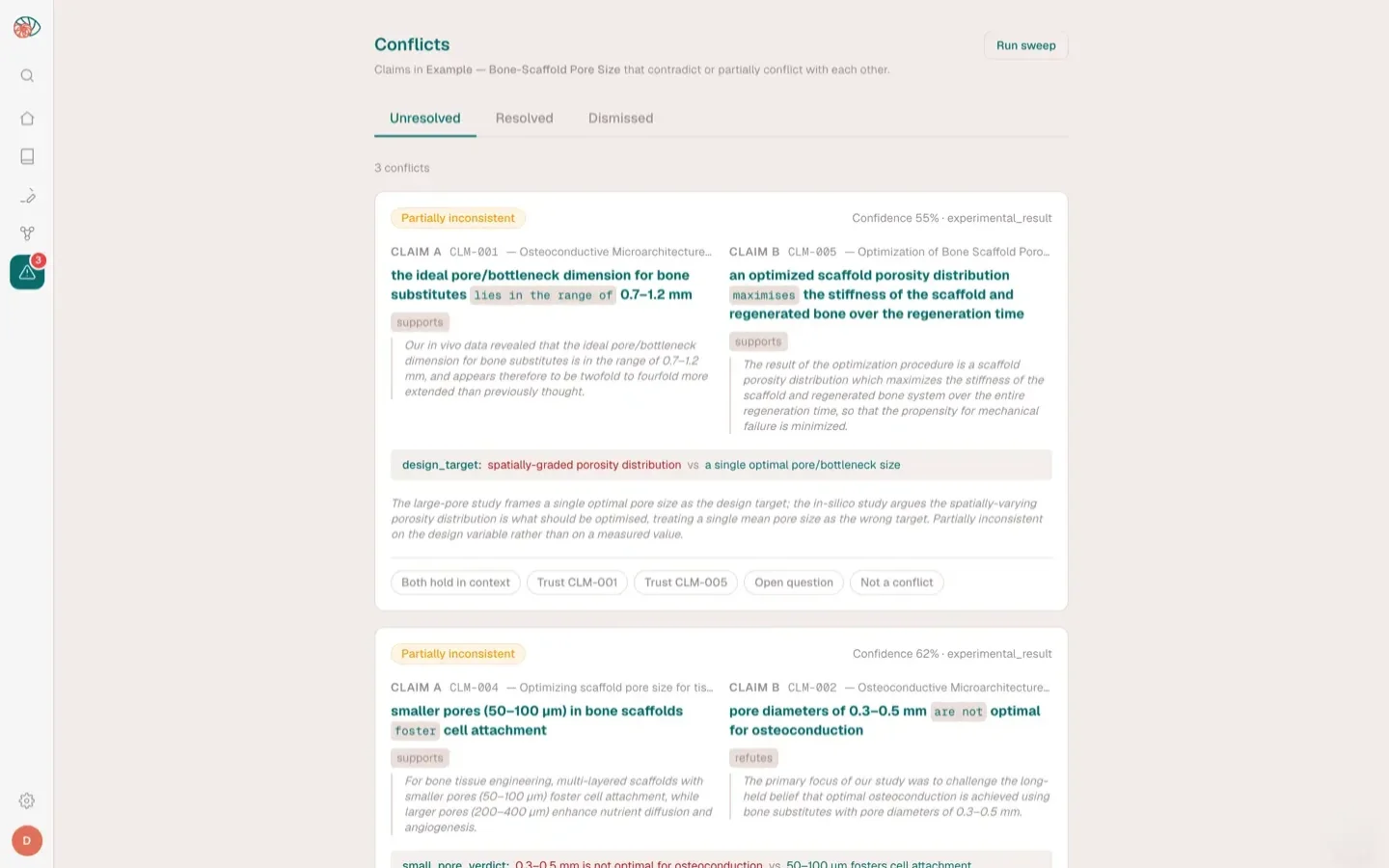 Catamaran conflicts view: two claims side by side with a comparability score and resolution options.